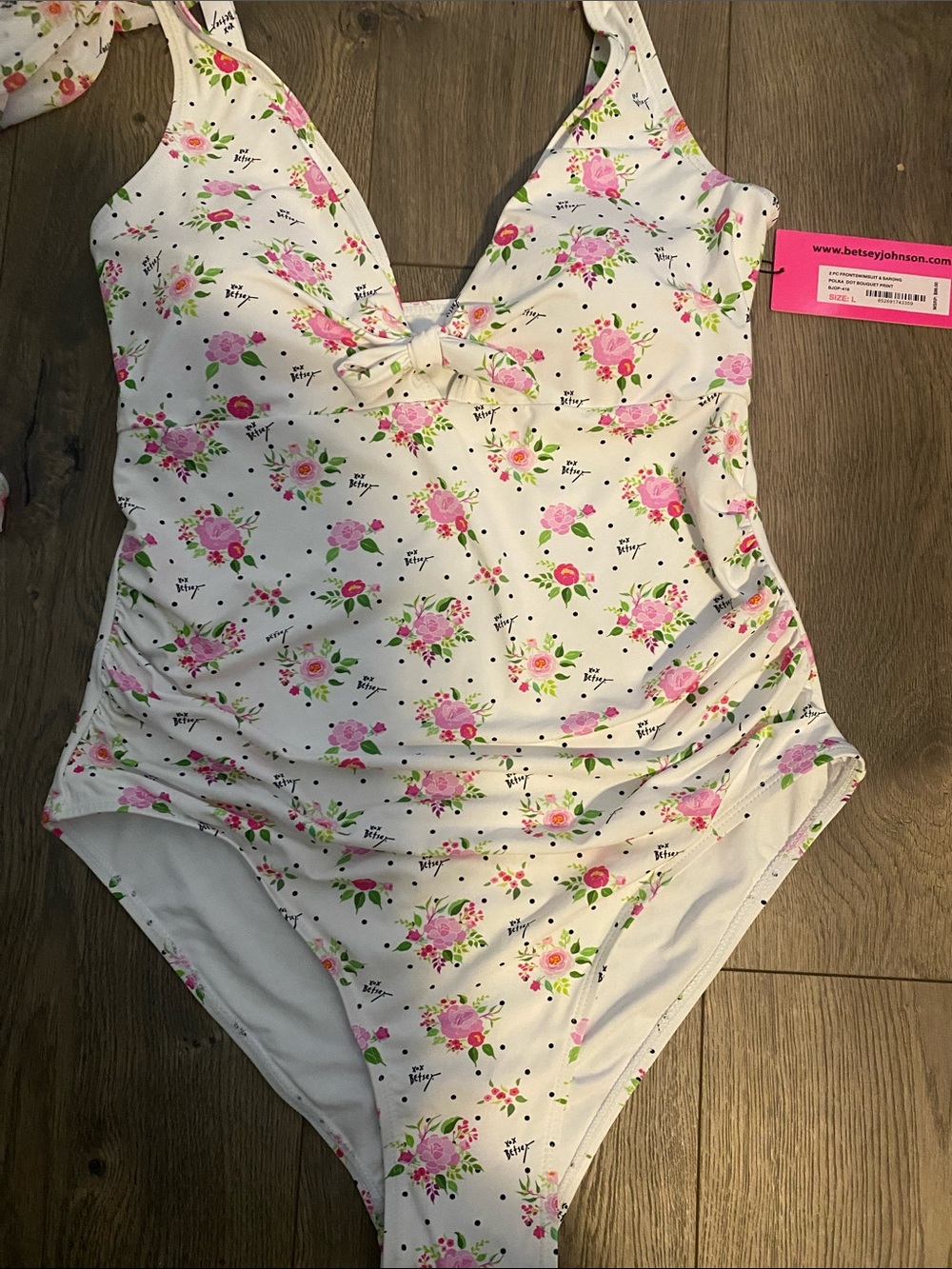 Betsey Johnson White One-Piece Swimsuit with Pink Floral Print - NEW